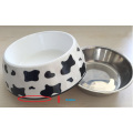 Classical Cow padrão de melamina e aço inoxidável Pet Dog Bowl